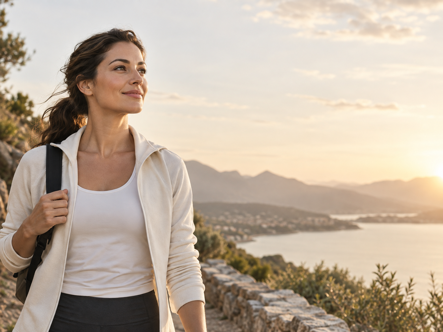 Woman enjoying a healthy outdoor lifestyle with a scenic mountain-and-water view