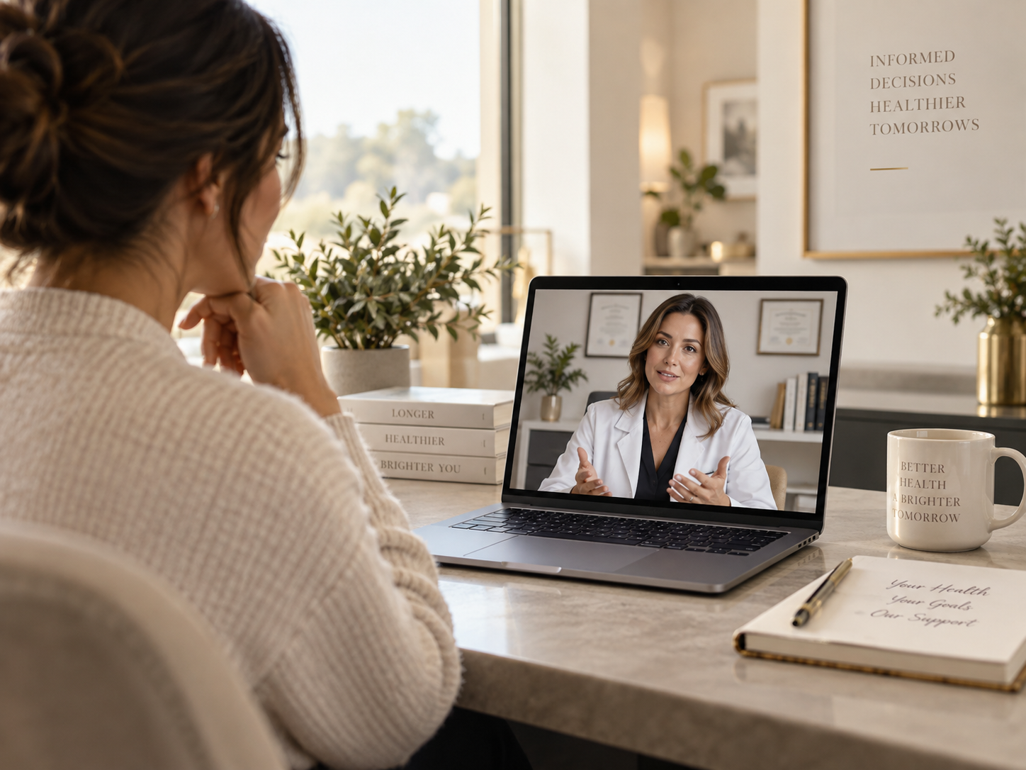 Patient participating in a telehealth consultation from home with a licensed medical professional on a laptop
